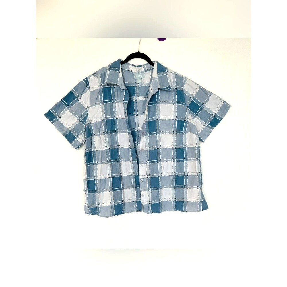 Liz & Me Coastal Plaid Button Down Top 3X 22W 24W Cotton Blue White Textured